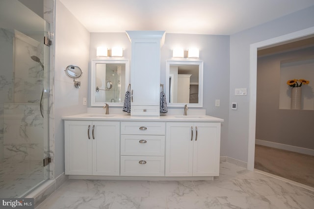 11 Ridings Way, West Chester, PA 19382 - full bathroom with marble finish floors, double vanity, a marble finish shower, and baseboards