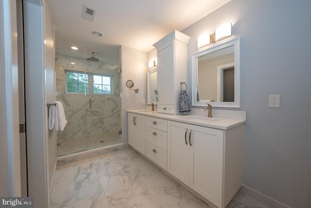 11 Ridings Way, West Chester, PA 19382 - full bath featuring marble finish flooring, a marble finish shower, double vanity, baseboards, and recessed lighting