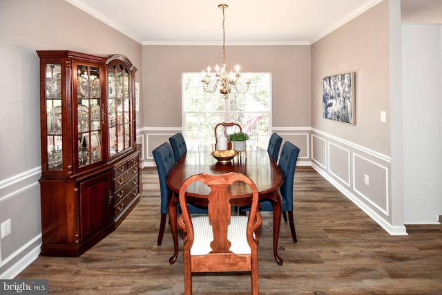 9111 Dartford Pl, Bristow, VA 20136 - dining area with a chandelier, crown molding, dark wood-type flooring, a decorative wall, and wainscoting