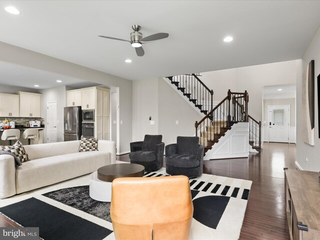 42350 Stonemont Cir, Ashburn, VA 20148 - living area featuring stairway, a ceiling fan, dark wood-style flooring, recessed lighting, and baseboards