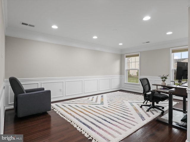 42350 Stonemont Cir, Ashburn, VA 20148 - office featuring crown molding, dark wood-style floors, healthy amount of natural light, wainscoting, and recessed lighting