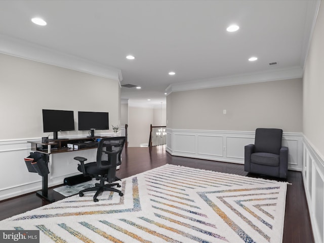 42350 Stonemont Cir, Ashburn, VA 20148 - home office with ornamental molding, wainscoting, recessed lighting, and dark wood-type flooring