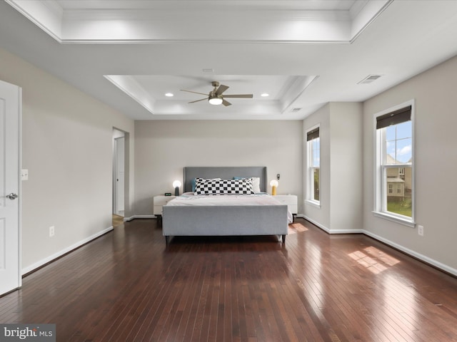 42350 Stonemont Cir, Ashburn, VA 20148 - bedroom featuring a raised ceiling, hardwood / wood-style floors, ornamental molding, baseboards, and ceiling fan