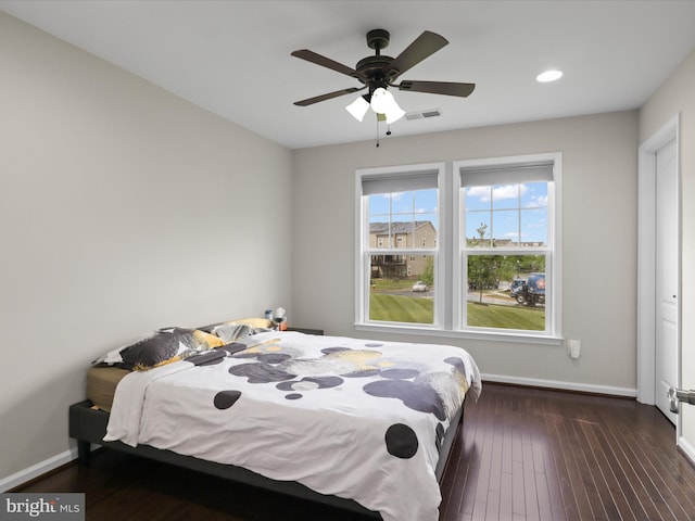 42350 Stonemont Cir, Ashburn, VA 20148 - bedroom with baseboards, dark wood finished floors, recessed lighting, and ceiling fan