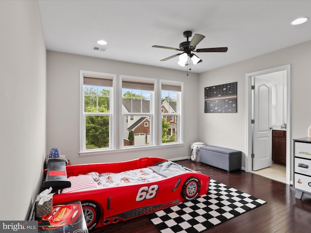 42350 Stonemont Cir, Ashburn, VA 20148 - bedroom with wood-type flooring, recessed lighting, connected bathroom, and ceiling fan