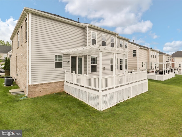 42350 Stonemont Cir, Ashburn, VA 20148 - rear view of house with a pergola, brick siding, central AC unit, a wooden deck, and a yard