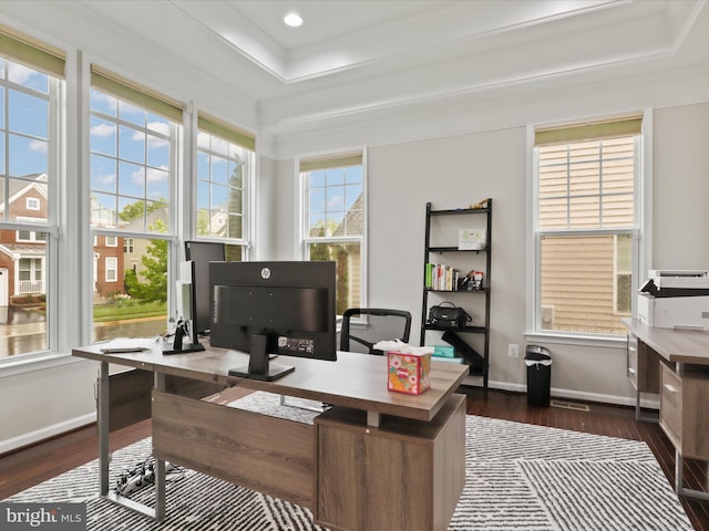 42350 Stonemont Cir, Ashburn, VA 20148 - office area with a tray ceiling, dark wood finished floors, crown molding, and baseboards
