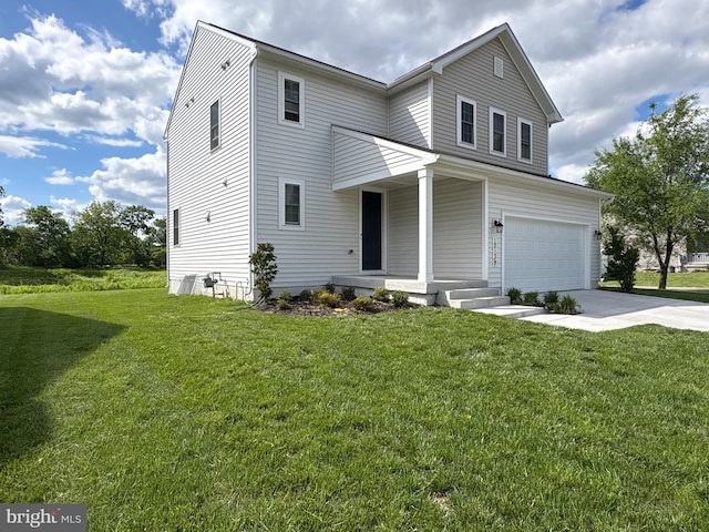 12139 Fallen Timbers Cir, Hagerstown, MD 21740 - traditional home featuring an attached garage, driveway, a front lawn, and covered porch
