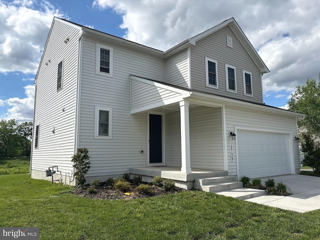 12139 Fallen Timbers Cir, Hagerstown, MD 21740 - traditional home featuring covered porch, a front lawn, an attached garage, and concrete driveway