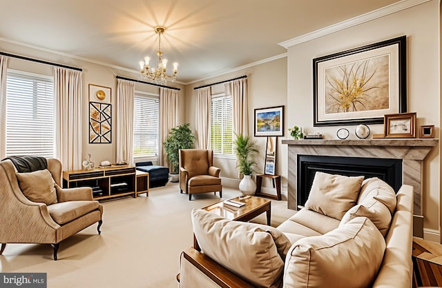 559 Righter St, Philadelphia, PA 19128 - living room featuring a chandelier, a premium fireplace, and ornamental molding