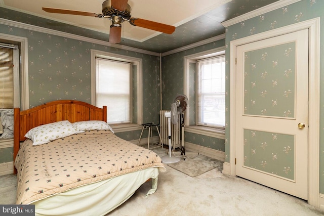 559 Righter St, Philadelphia, PA 19128 - bedroom with crown molding, carpet flooring, baseboards, a ceiling fan, and wallpapered walls