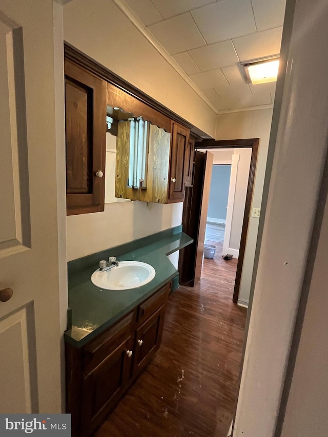 517 S Wayne St, Lewistown, PA 17044 - bathroom featuring wood finished floors, ornamental molding, and vanity