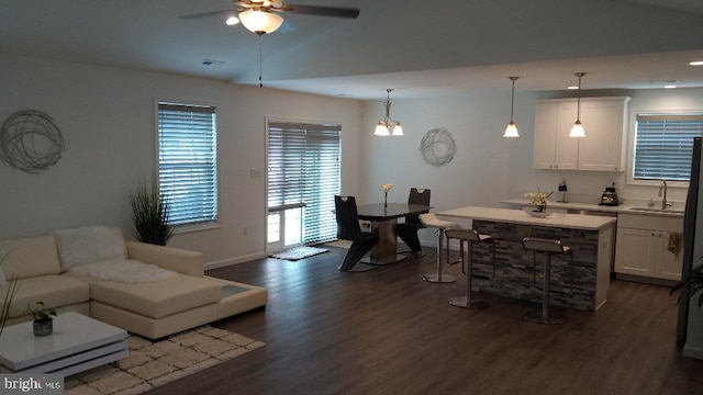 404 Jensen Way E, Martinsburg, WV 25401 - living room with dark wood finished floors, baseboards, and ceiling fan