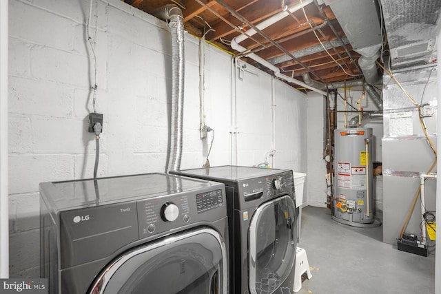 11106 Byrd Dr, Fairfax, VA 22030 - washroom with gas water heater, separate washer and dryer, concrete block wall, and heating unit