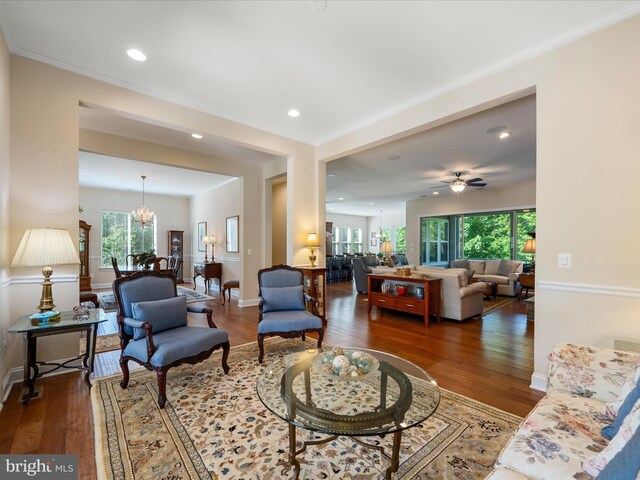 130 Grosbeak Ct, Lake Frederick, VA 22630 - living room with wood finished floors, a chandelier, recessed lighting, and a ceiling fan