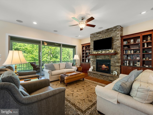 130 Grosbeak Ct, Lake Frederick, VA 22630 - living area featuring ceiling fan, a fireplace, wood finished floors, and recessed lighting