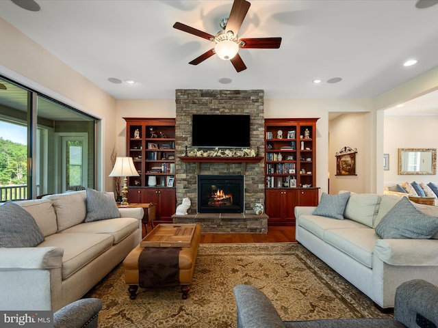 130 Grosbeak Ct, Lake Frederick, VA 22630 - living area with ceiling fan, a fireplace, wood finished floors, and recessed lighting