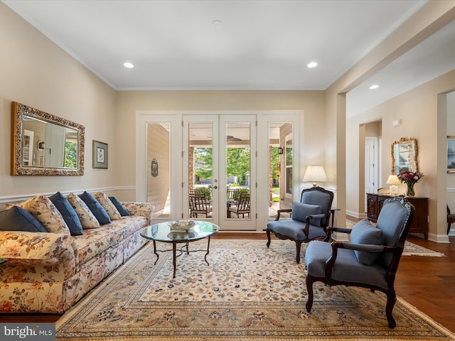130 Grosbeak Ct, Lake Frederick, VA 22630 - living area with french doors, ornamental molding, wood finished floors, recessed lighting, and baseboards