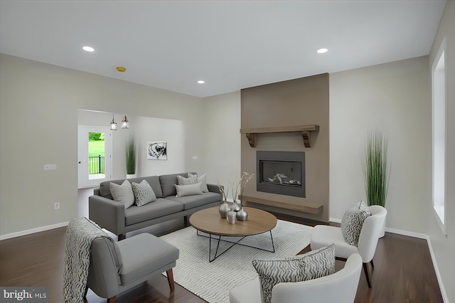 1777 Felmey Rd, Winfield, PA 17889 - living area with baseboards, a large fireplace, dark wood-type flooring, and recessed lighting