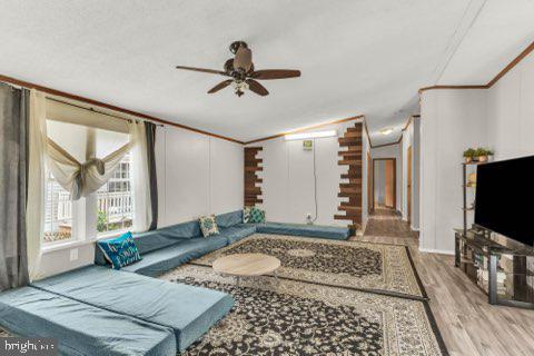 129 Trailway Rd, Middle River, MD 21220 - living room with ceiling fan, wood finished floors, and ornamental molding
