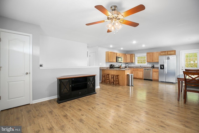 94 Gary Ln, Front Royal, VA 22630 - kitchen featuring stainless steel appliances, light wood-type flooring, recessed lighting, a ceiling fan, and baseboards