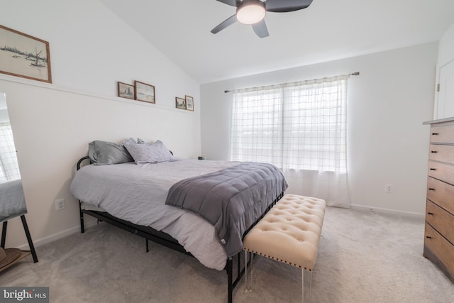 30 Kirby Ct, Bunker Hill, WV 25413 - bedroom featuring light carpet, vaulted ceiling, baseboards, and a ceiling fan