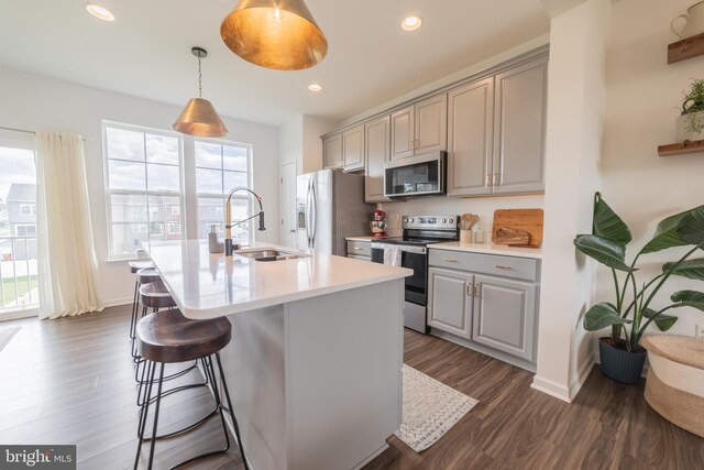 30 Kirby Ct, Bunker Hill, WV 25413 - kitchen featuring appliances with stainless steel finishes, gray cabinets, plenty of natural light, dark wood finished floors, and recessed lighting