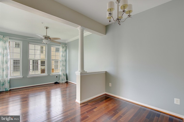 242 Tilden Way Unit 7242, Edgewater, MD 21037 - unfurnished room with plenty of natural light, ornate columns, ceiling fan, crown molding, and wood finished floors