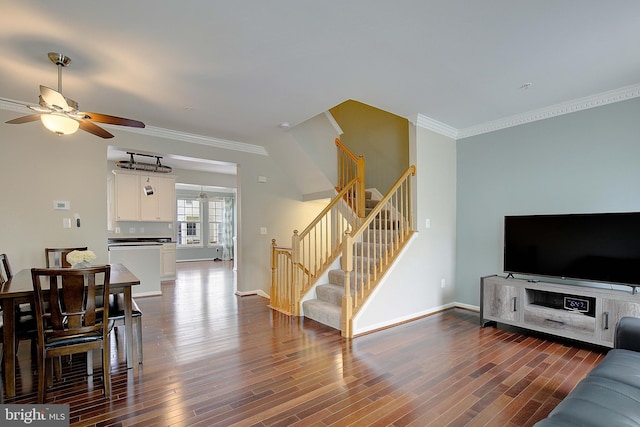 242 Tilden Way Unit 7242, Edgewater, MD 21037 - living area with ceiling fan, crown molding, stairs, and dark wood finished floors