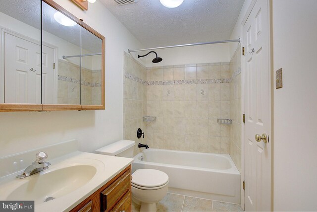 2566 Log Mill Ct, Crofton, MD 21114 - bathroom with vanity, bathing tub / shower combination, toilet, a textured ceiling, and tile patterned floors