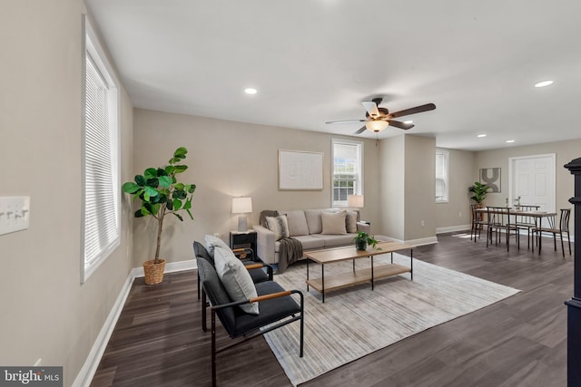1508 W 36th St W, Baltimore, MD 21211 - living room featuring a ceiling fan, dark wood-type flooring, and recessed lighting