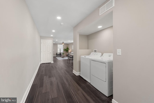 1508 W 36th St W, Baltimore, MD 21211 - washroom featuring washer and dryer, dark wood-style flooring, recessed lighting, and a ceiling fan