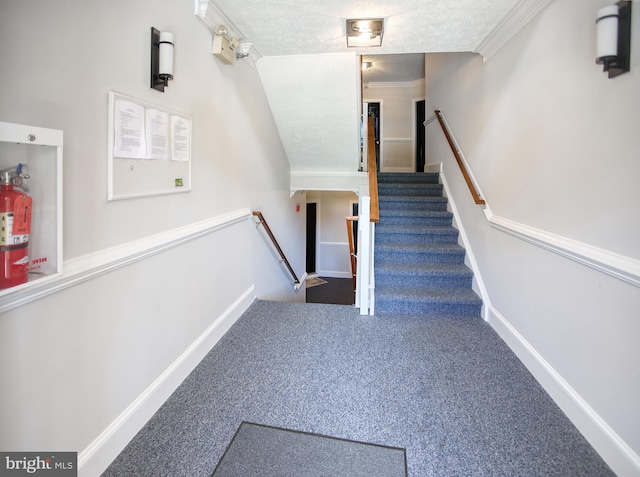 106 Gwen Dr Unit 106-1J, Forest Hill, MD 21050 - stairway featuring carpet flooring, a textured ceiling, and baseboards