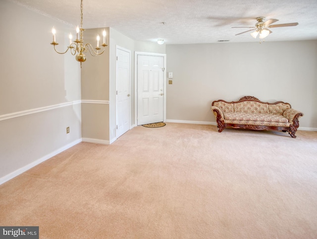 106 Gwen Dr Unit 106-1J, Forest Hill, MD 21050 - sitting room featuring light carpet, a chandelier, baseboards, a ceiling fan, and a textured ceiling