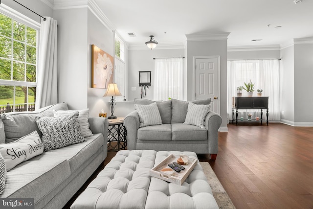 2738 Fresh Water Way, Odenton, MD 21113 - living area featuring dark wood finished floors, plenty of natural light, ornamental molding, and baseboards