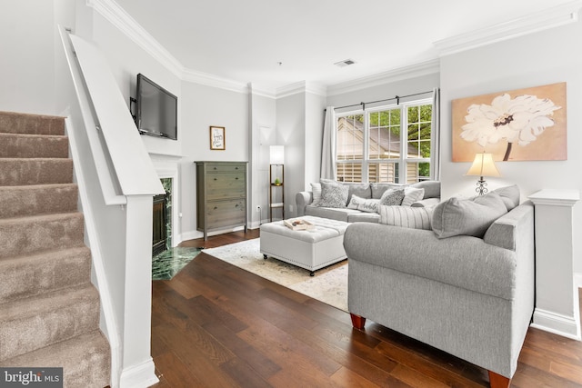 2738 Fresh Water Way, Odenton, MD 21113 - living room featuring stairs, ornamental molding, and hardwood / wood-style floors