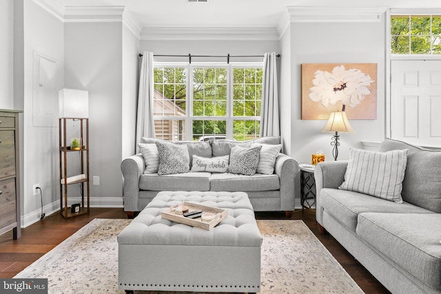 2738 Fresh Water Way, Odenton, MD 21113 - living area featuring dark wood-style flooring, crown molding, healthy amount of natural light, and baseboards
