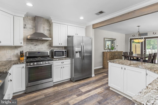 2 Gloucester Ct, Bordentown, NJ 08505 - kitchen featuring stainless steel appliances, wall chimney exhaust hood, decorative backsplash, white cabinets, and dark wood finished floors