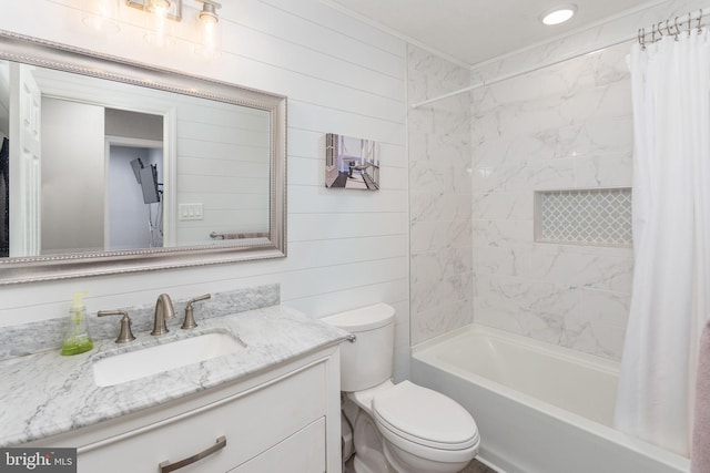 2 Gloucester Ct, Bordentown, NJ 08505 - bathroom with vanity, toilet, shower / bath combination with curtain, ornamental molding, and wood walls