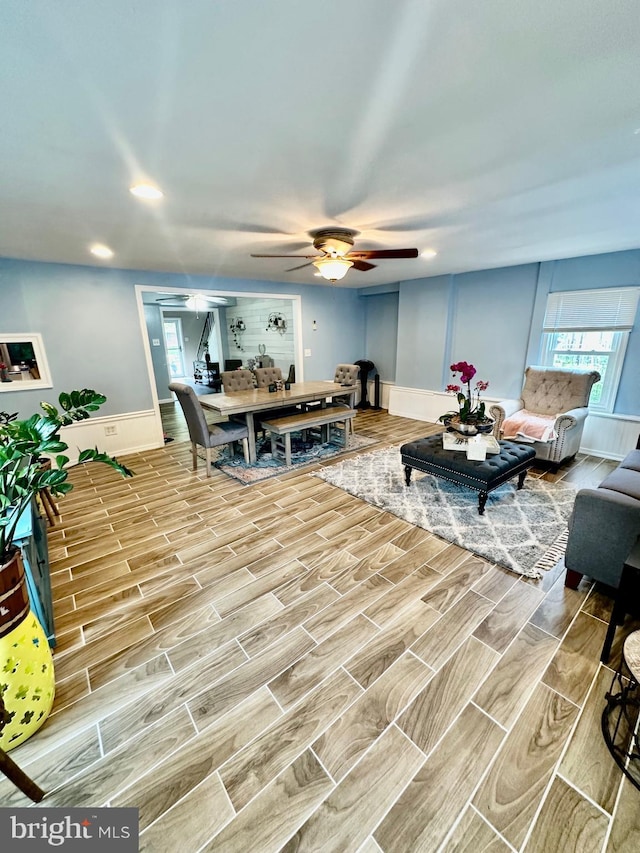 12403 Rambling Ln, Bowie, MD 20715 - living room featuring wood finished floors, ceiling fan, recessed lighting, and baseboards