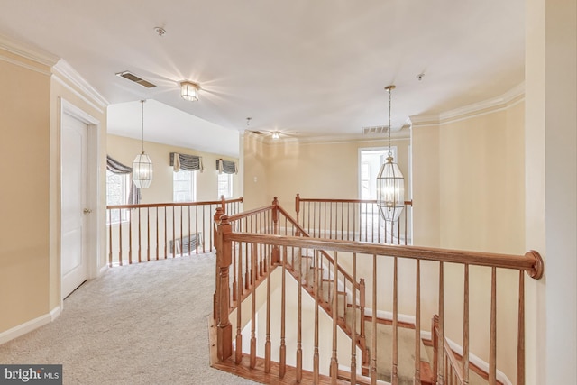 7009 Shagbark Ct, Fort Washington, MD 20744 - corridor featuring an upstairs landing, carpet floors, crown molding, and plenty of natural light