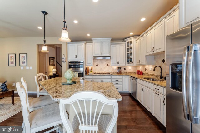 23412 Berkeley Meadows Dr, Ashburn, VA 20148 - kitchen featuring stainless steel appliances, a sink, under cabinet range hood, dark wood-type flooring, and backsplash