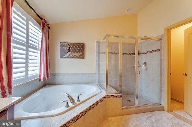 23412 Berkeley Meadows Dr, Ashburn, VA 20148 - bathroom featuring a garden tub, a shower stall, vanity, and tile patterned flooring