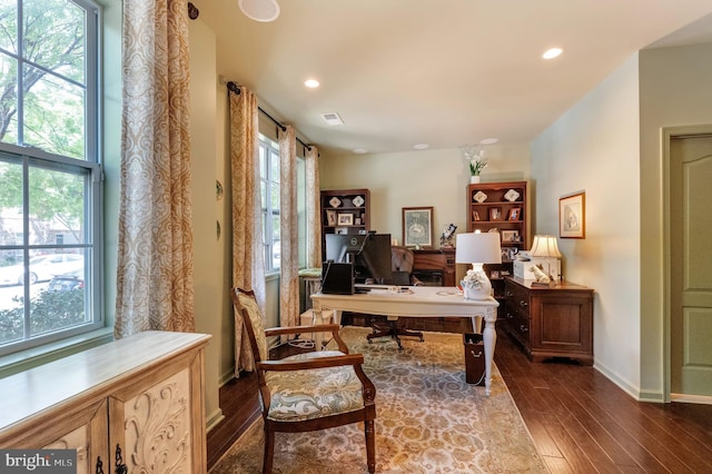 23412 Berkeley Meadows Dr, Ashburn, VA 20148 - office with dark wood finished floors, baseboards, and recessed lighting