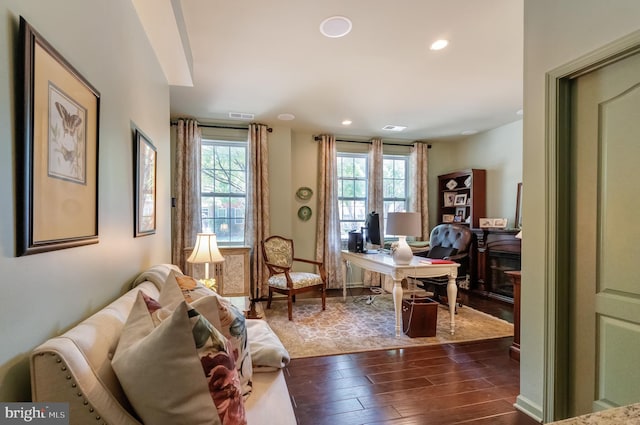 23412 Berkeley Meadows Dr, Ashburn, VA 20148 - home office featuring dark wood-type flooring, plenty of natural light, recessed lighting, and baseboards