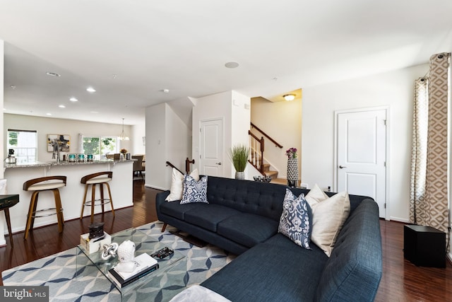 6315 Halsted Ave, Capitol Heights, MD 20743 - living room featuring dark wood finished floors, stairway, recessed lighting, and baseboards