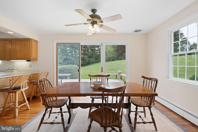 10 Old Orchard Ln, Chadds Ford, PA 19317 - dining area featuring baseboard heating, light wood finished floors, and a ceiling fan