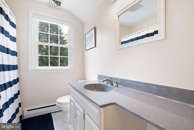 10 Old Orchard Ln, Chadds Ford, PA 19317 - bathroom with a baseboard radiator, vanity, tile patterned floors, toilet, and lofted ceiling