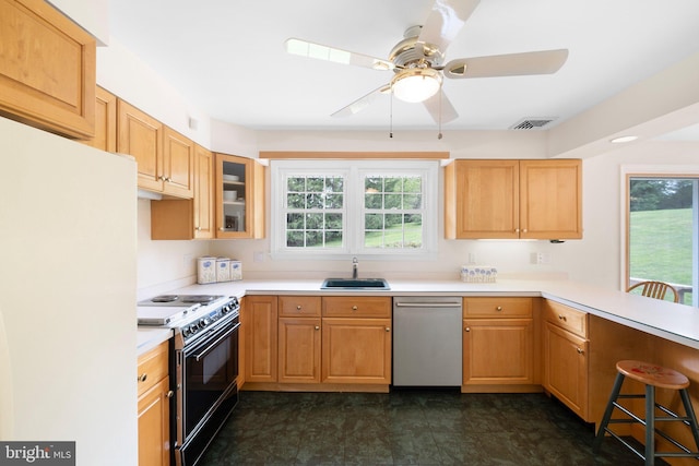 10 Old Orchard Ln, Chadds Ford, PA 19317 - kitchen with electric range, stainless steel dishwasher, a sink, freestanding refrigerator, and glass insert cabinets