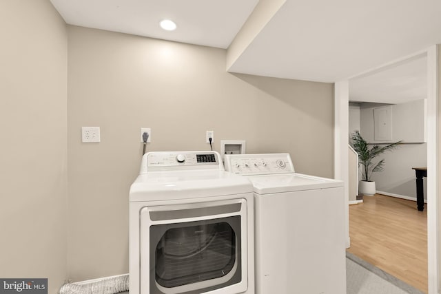 1861 S George Mason Dr, Arlington, VA 22204 - laundry room with washing machine and dryer, wood finished floors, baseboards, and recessed lighting